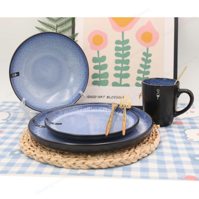 Wholesale High Quality Blue Reactive Glaze Ceramic Dinnerware Set Custom Tableware 16pcs