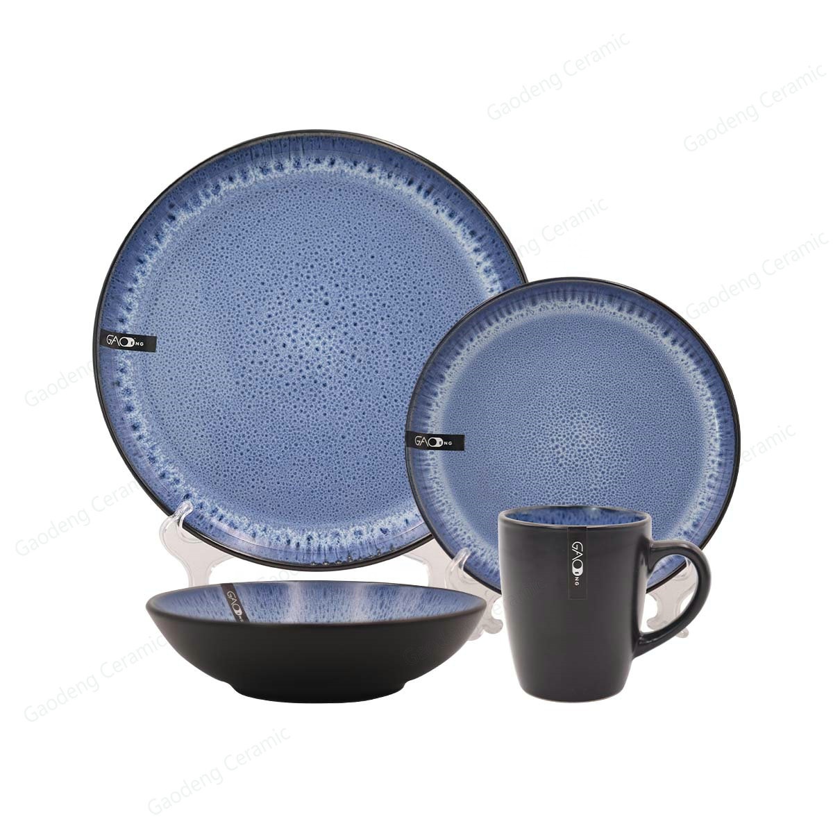 Wholesale High Quality Blue Reactive Glaze Ceramic Dinnerware Set Custom Tableware 16pcs