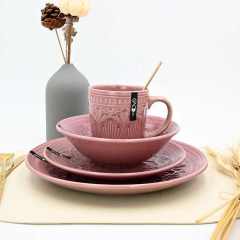 High Quality Custom Dinnerware Set Embossed pink Reactive Tableware Set
