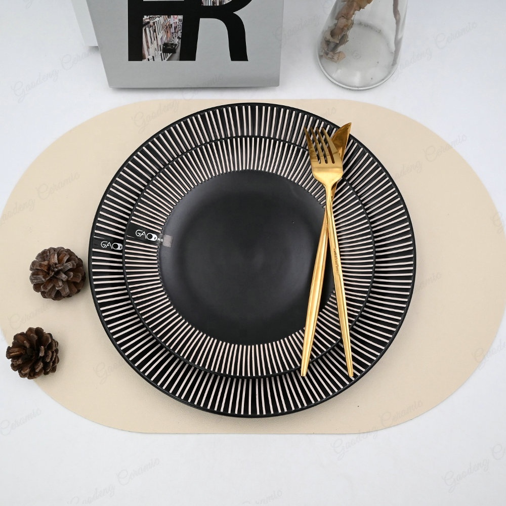 Nordic popular black tableware set with silk screen printing 4pcs ceramic kitchenware porcelain dinnerware sets