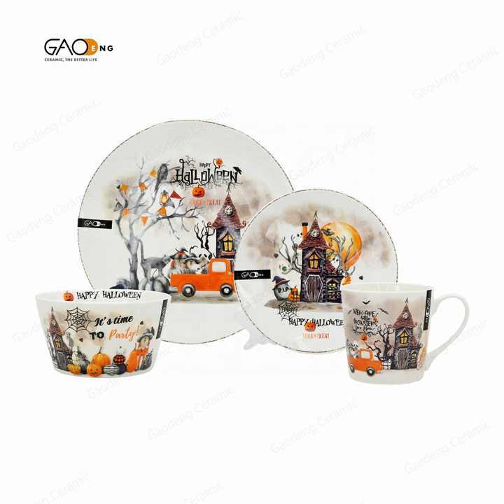 Gaodeng 2024 4-Piece Creative Pumpkin Design Halloween Ceramic Dinnerware Set Custom Brands Tableware Set