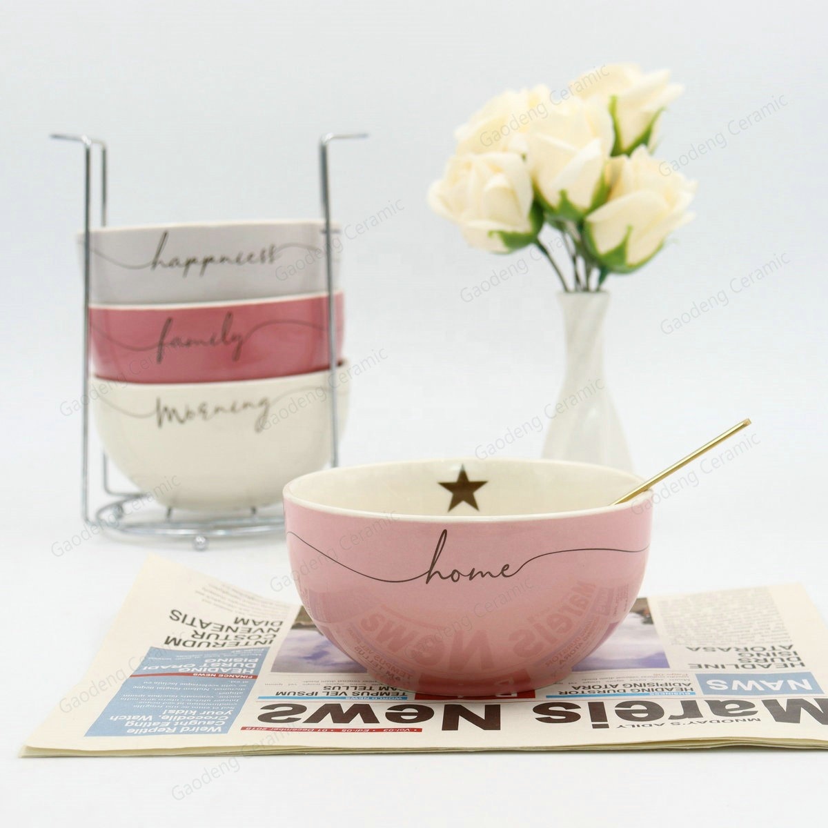 5.5 Inch  pink Color Glazed Ceramic Round Bowl Cheap Porcelain Noodle Bowl Custom Design for Daily Use