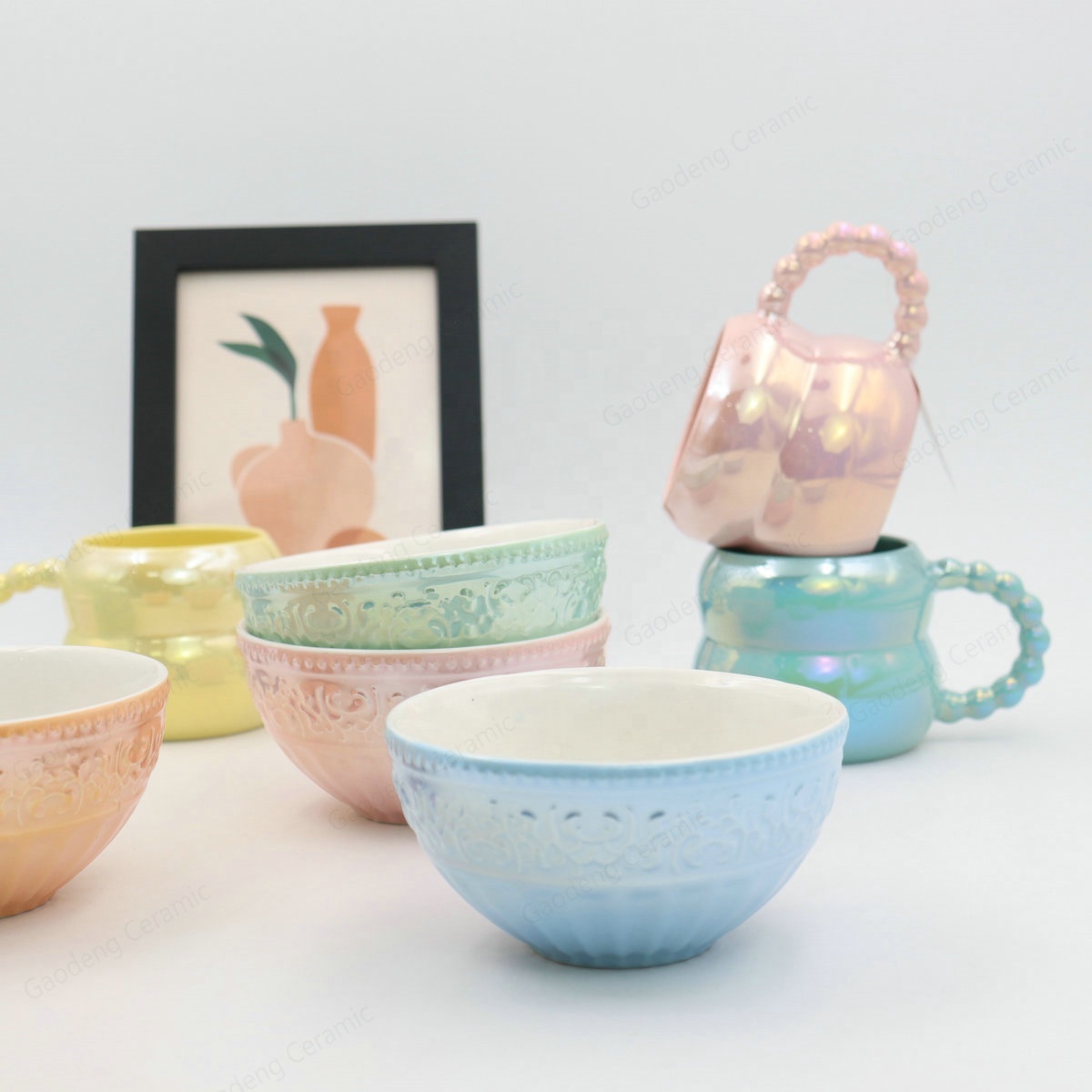 New Product Ideas 2024 Wholesale Pearl Shell Embossed Bowl Creative Ceramic Dinnerware