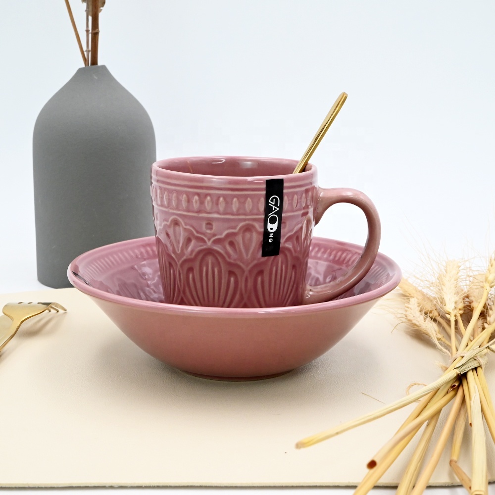 High Quality Custom Dinnerware Set Embossed pink Reactive Tableware Set