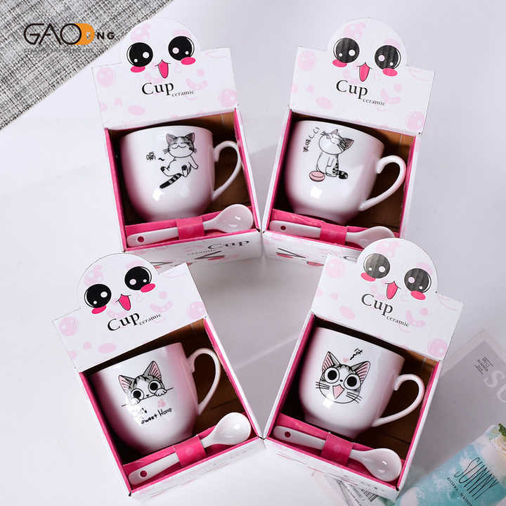 Custom Pretty Ceramic Kids Cup Set and Gift Box Cartoon Design Child Cups With Spoon Supplier