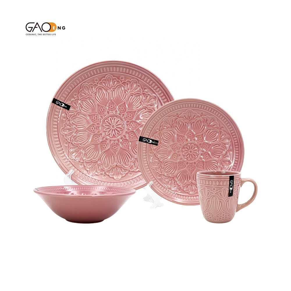 High Quality Custom Dinnerware Set Embossed pink Reactive Tableware Set