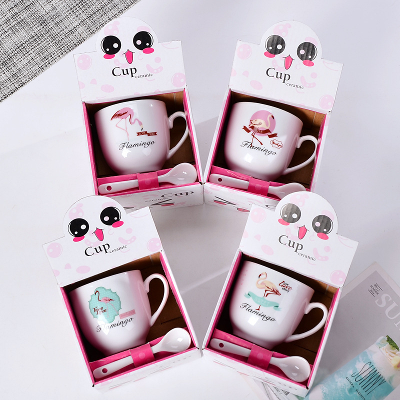 Custom Pretty Ceramic Kids Cup Set and Gift Box Cartoon Design Child Cups With Spoon Supplier