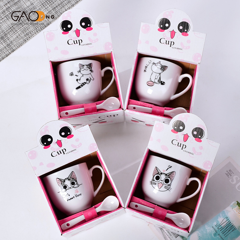 Custom Pretty Ceramic Kids Cup Set and Gift Box Cartoon Design Child Cups With Spoon Supplier