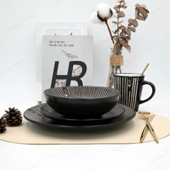 Nordic popular black tableware set with silk screen printing 4pcs ceramic kitchenware porcelain dinnerware sets