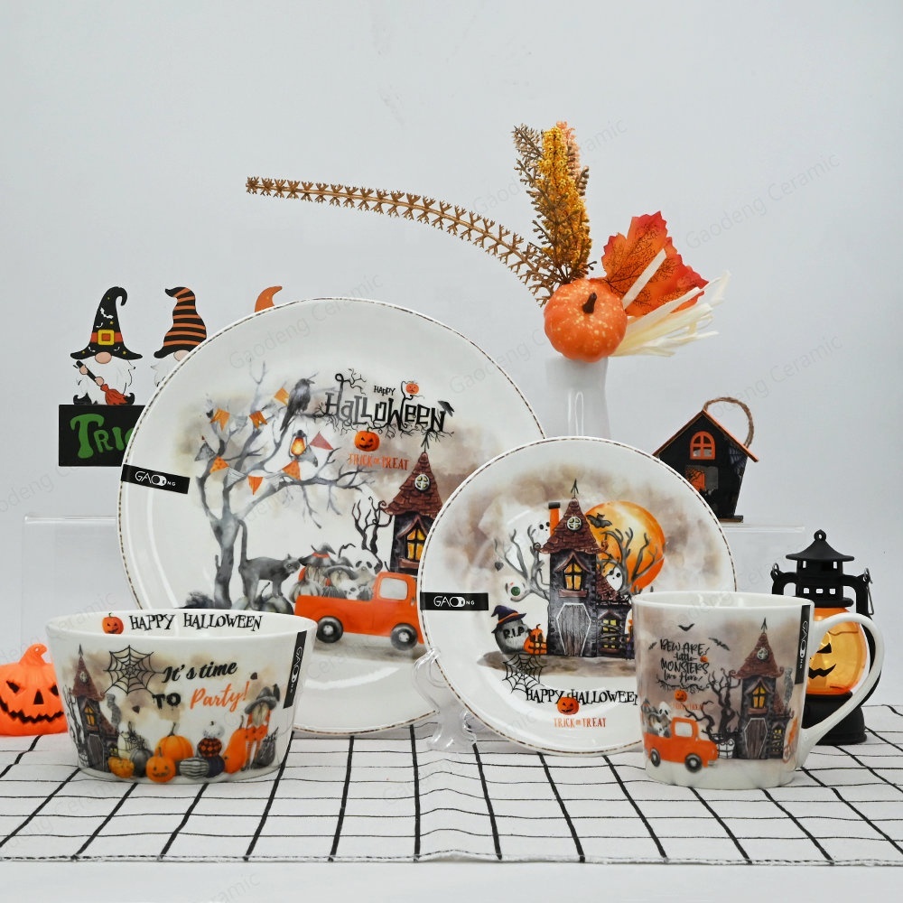 Gaodeng 2024 4-Piece Creative Pumpkin Design Halloween Ceramic Dinnerware Set Custom Brands Tableware Set