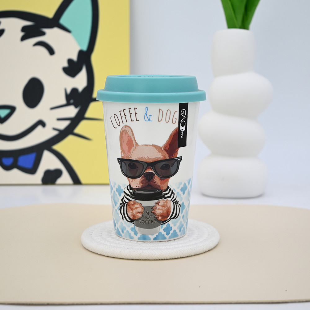 2025 New Design Cute Dog Coffee Mug Ceramic Double Wall Travel Mug With Silicone Mug Lid