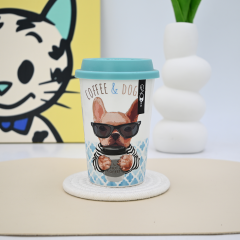 2025 New Design Cute Dog Coffee Mug Ceramic Double Wall Travel Mug With Silicone Mug Lid
