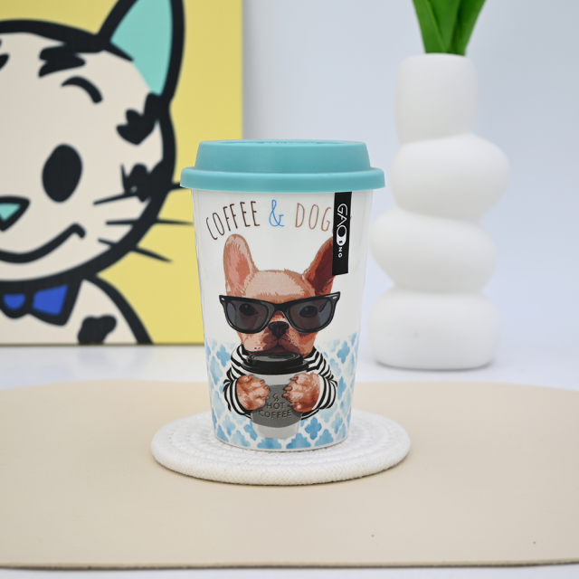2025 New Design Cute Dog Coffee Mug Ceramic Double Wall Travel Mug With Silicone Mug Lid
