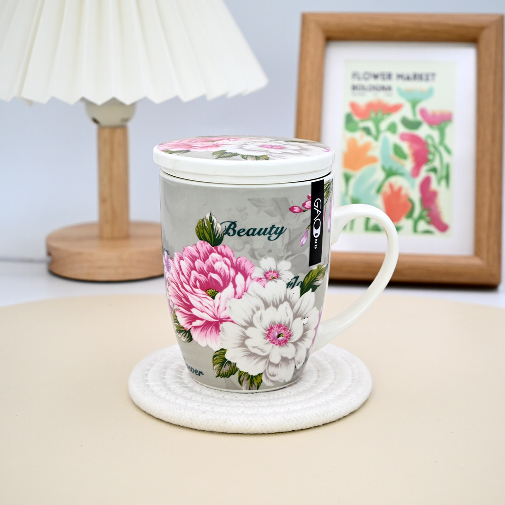 Wholesale Custom Nordic British Flower Decal Ceramic Green Tea Mugs with Lid