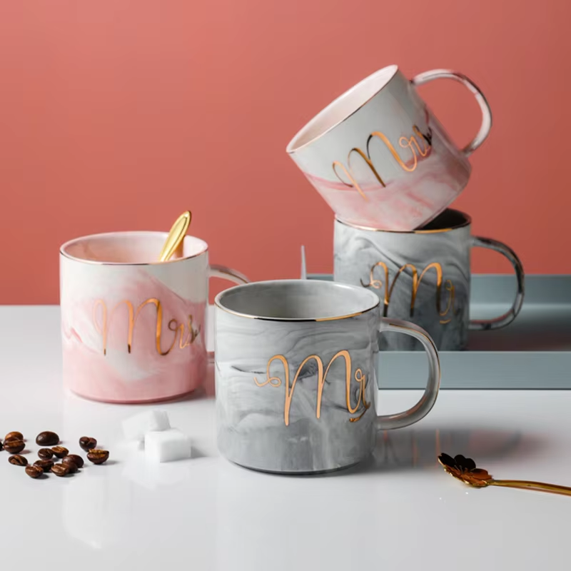 Custom logo European Marble Ceramic Mug Creative Wedding Gifts Mugs for Couple Coffee Mug Set