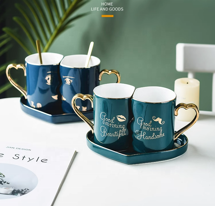 New Arrival Ceramic Couple Mug with Heart Shaped Handle Custom Printing Coffee Mug for Valentine's Day