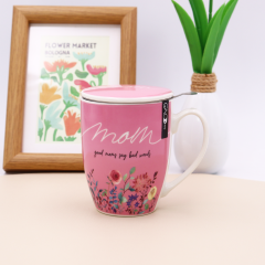 Beautiful  Flower Design Ceramic Chinese Tea Cup, Mother's Day Gift Mug with Infuser and Lid