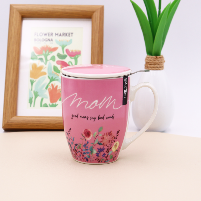 Beautiful  Flower Design Ceramic Chinese Tea Cup, Mother's Day Gift Mug with Infuser and Lid