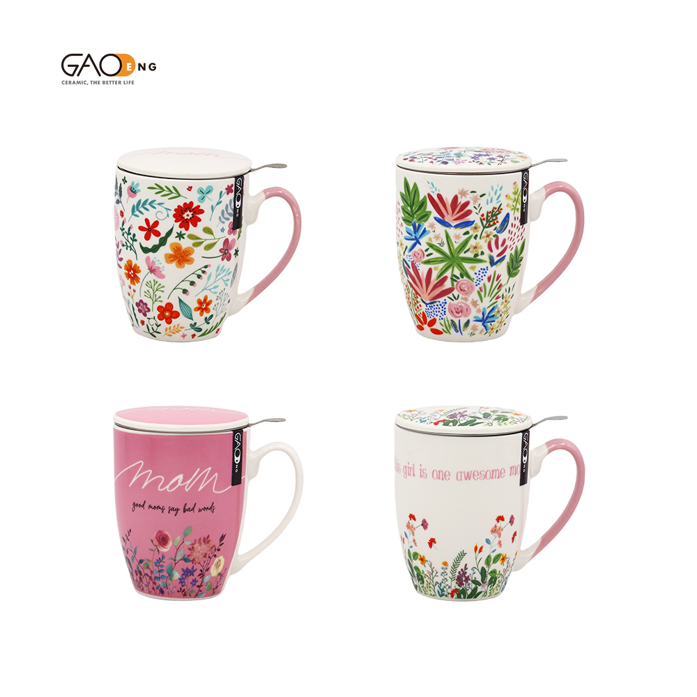 Beautiful  Flower Design Ceramic Chinese Tea Cup, Mother's Day Gift Mug with Infuser and Lid