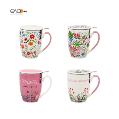 Beautiful  Flower Design Ceramic Chinese Tea Cup, Mother's Day Gift Mug with Infuser and Lid