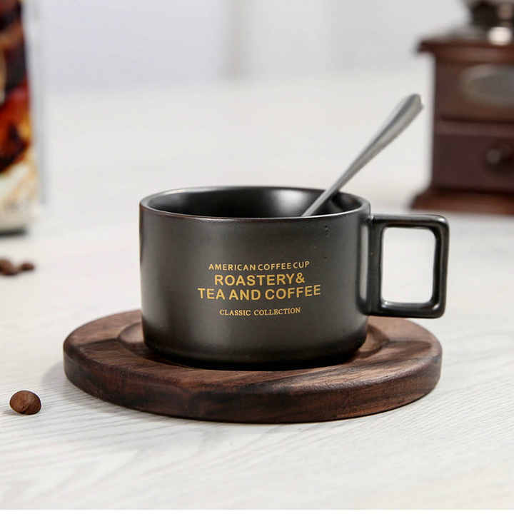 3OZ Ceramic Coffee Espresso Cup and Saucer with Reactive Glaze Small Gold Plating Cup with Wooden Plate Small  Tea Cup