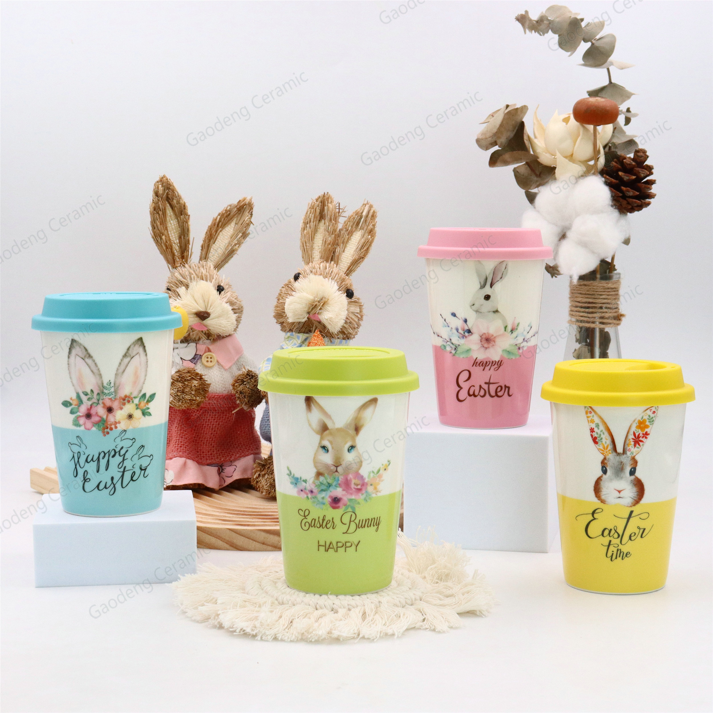 Happy Easter with Rabbits Design Factory Wholesale Customizable Ceramic Tea Mugs with Lid Porcelain Cup Without Handle