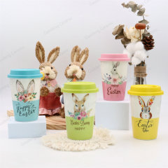 Happy Easter with Rabbits Design Factory Wholesale Customizable Ceramic Tea Mugs with Lid Porcelain Cup Without Handle