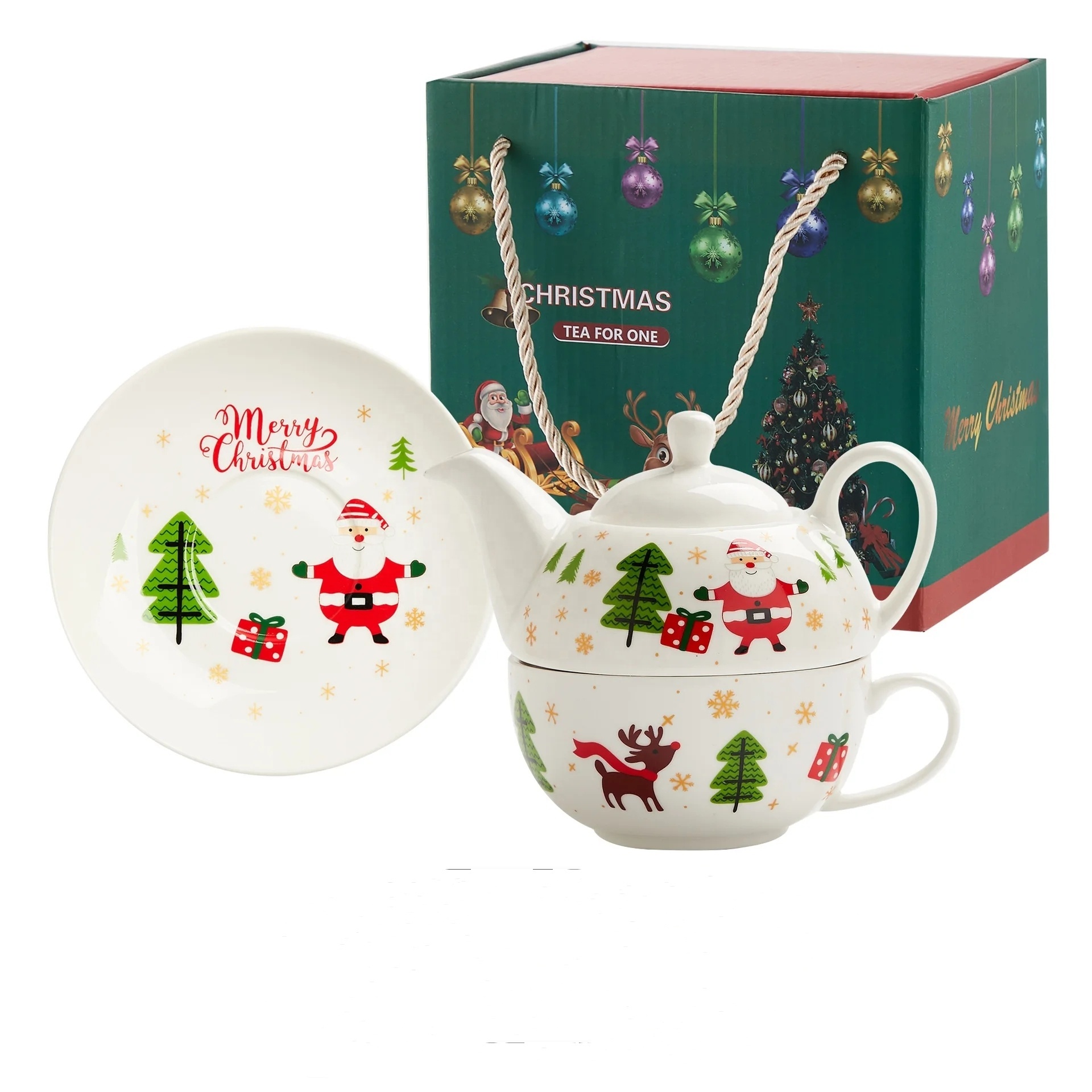 Christmas Ceramic Pot Coffee Cup and Saucer Set Color Box Ceramics Teapot Tea Cup Set for One