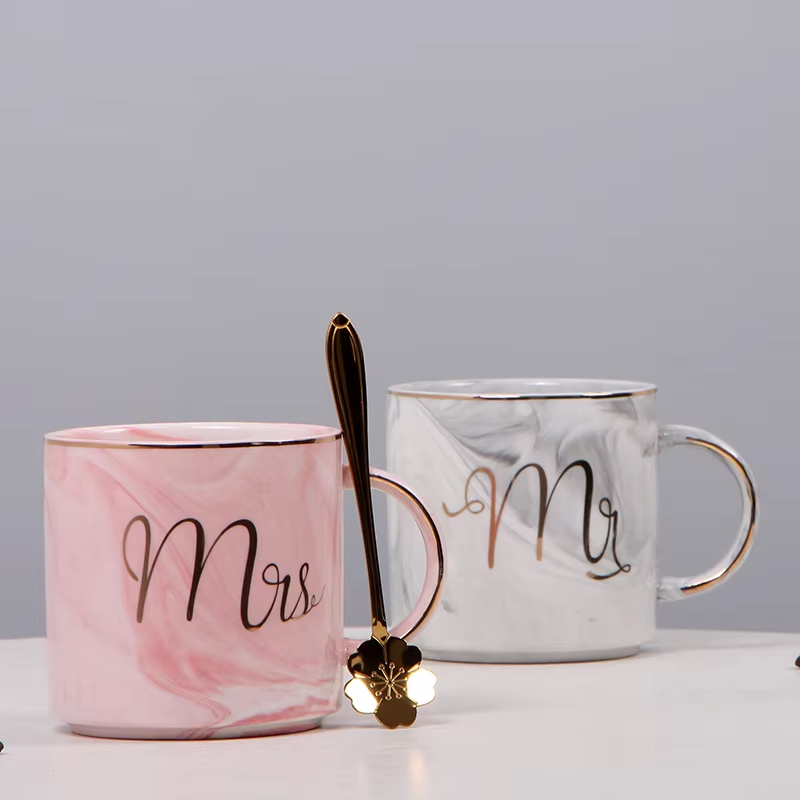 Custom logo European Marble Ceramic Mug Creative Wedding Gifts Mugs for Couple Coffee Mug Set