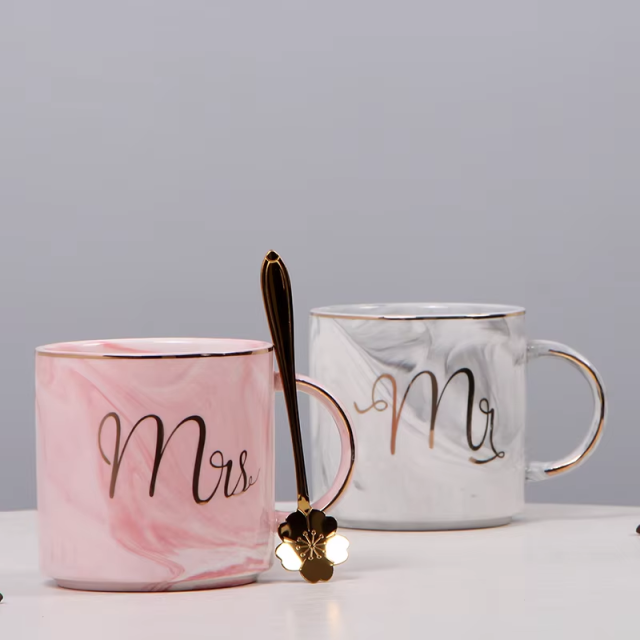 Custom logo European Marble Ceramic Mug Creative Wedding Gifts Mugs for Couple Coffee Mug Set