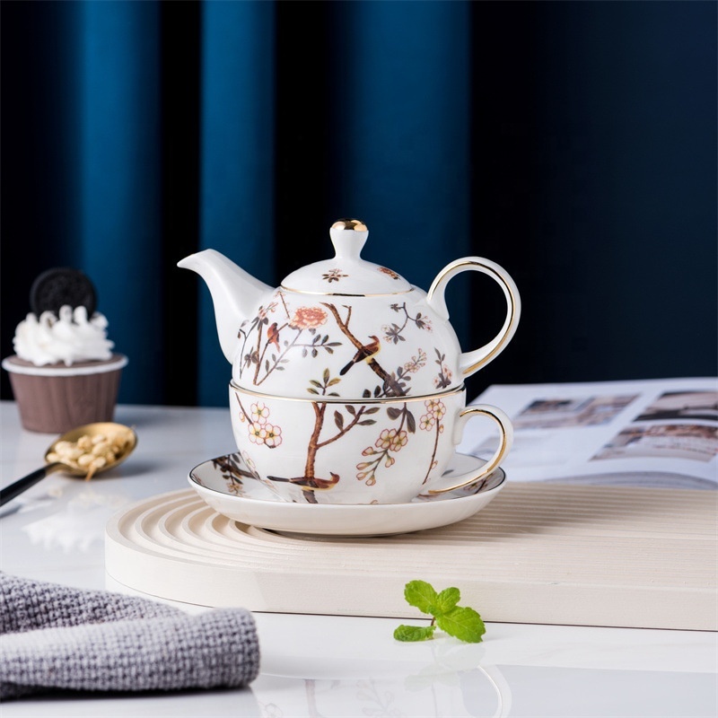 Wholesale Simple Flower Bird Design One Person Teapots With Electricoplate Lid Attitude Ceramic Teapot and Cup Set