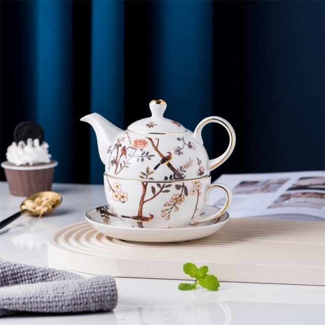 Wholesale Simple Flower Bird Design One Person Teapots With Electricoplate Lid Attitude Ceramic Teapot and Cup Set