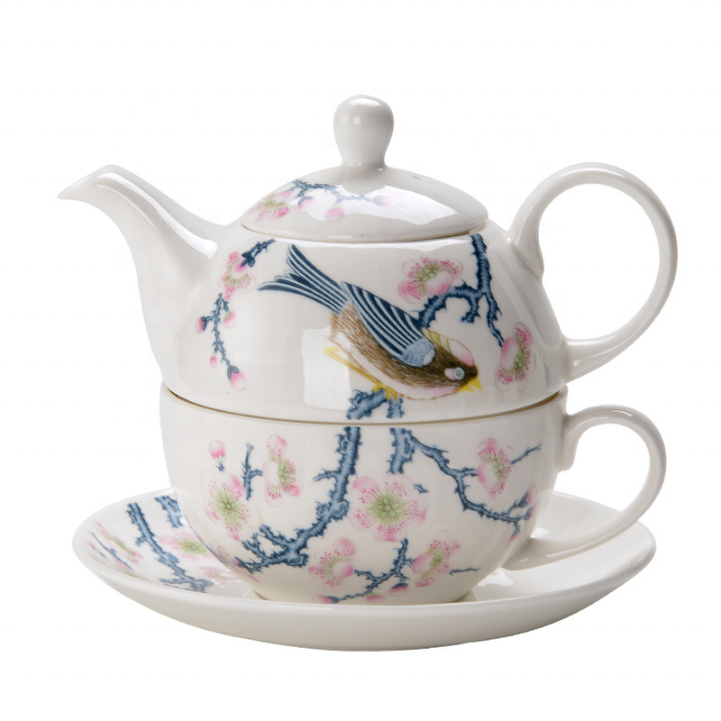 Wholesale Custom Decal Printed Nordic Porcelain Teapot Flower Tea Pot White Ceramic Tea Cup Set for One with Gift Box