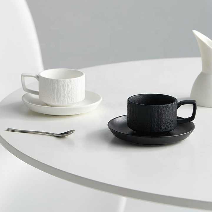 Nordic High Grade Ceramic Coffee Cup and Saucer Set  Premium White and Black Stone Textured Espresso Cup