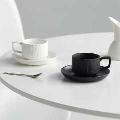 Nordic High Grade Ceramic Coffee Cup and Saucer Set  Premium White and Black Stone Textured Espresso Cup