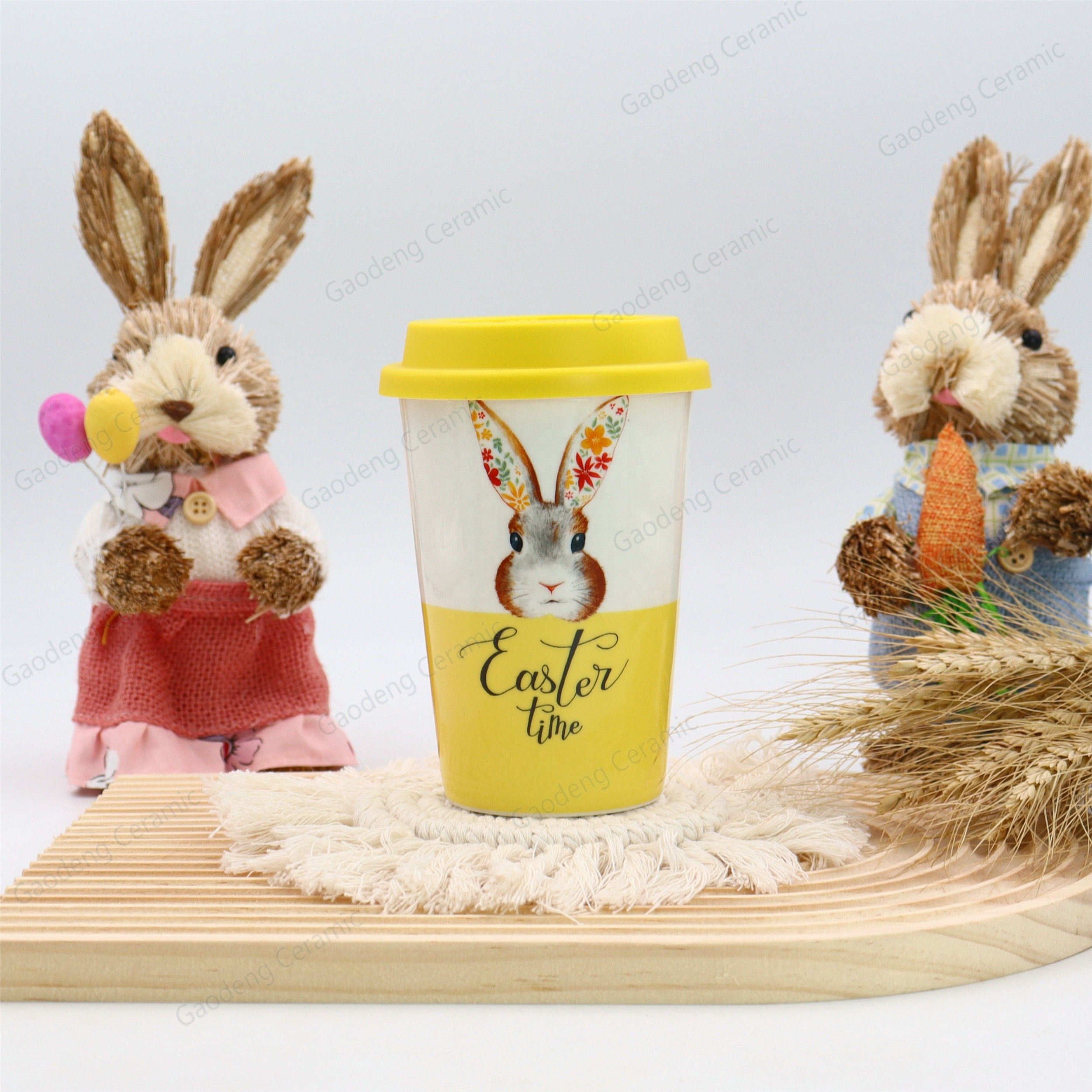 Happy Easter with Rabbits Design Factory Wholesale Customizable Ceramic Tea Mugs with Lid Porcelain Cup Without Handle