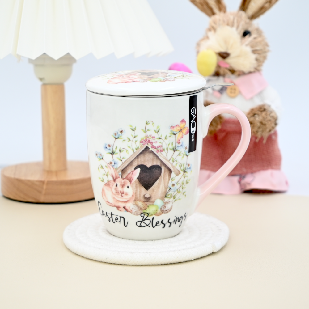 Custom 12oz  Bunny Ceramic Mug with Lid and Filter pink Green Gift Mug for Easter Day