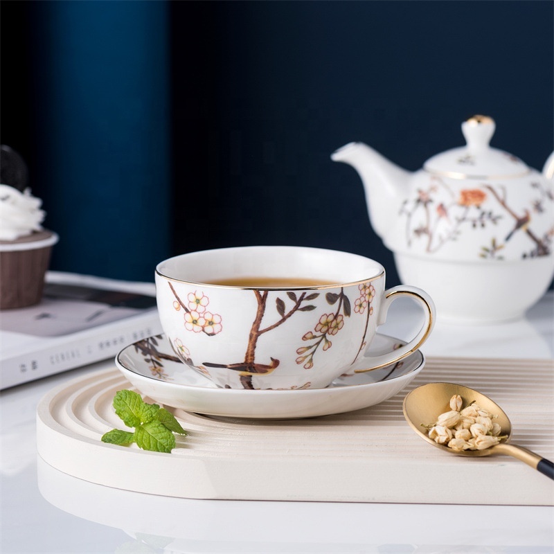 Wholesale Simple Flower Bird Design One Person Teapots With Electricoplate Lid Attitude Ceramic Teapot and Cup Set