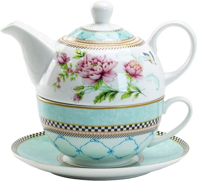 Wholesale Custom Decal Printed Nordic Porcelain Teapot Flower Tea Pot White Ceramic Tea Cup Set for One with Gift Box