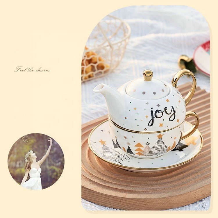 Christmas Custom Decal Printed  Luxury Handle Ceramic Tea Cup Sets Tea for One Set Tea Pots with Color Box