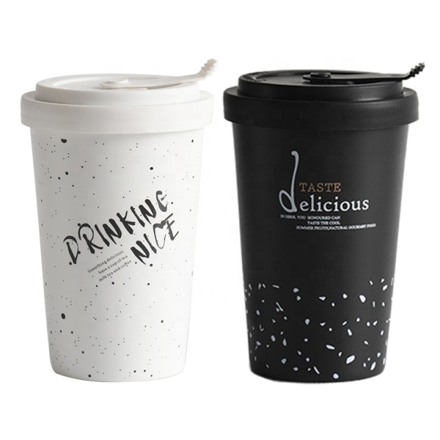 New Arrivals of Popular Ceramic Travel Mug with Silicone Cover Black and White Ceramic Mug with Lid