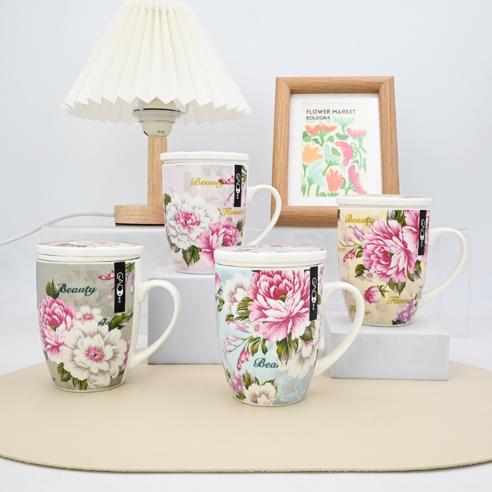 Wholesale Custom Nordic British Flower Decal Ceramic Green Tea Mugs with Lid