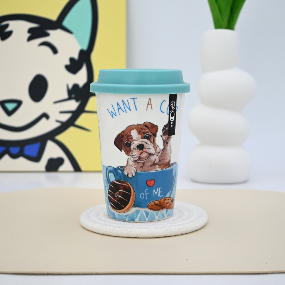 2025 New Design Cute Dog Coffee Mug Ceramic Double Wall Travel Mug With Silicone Mug Lid