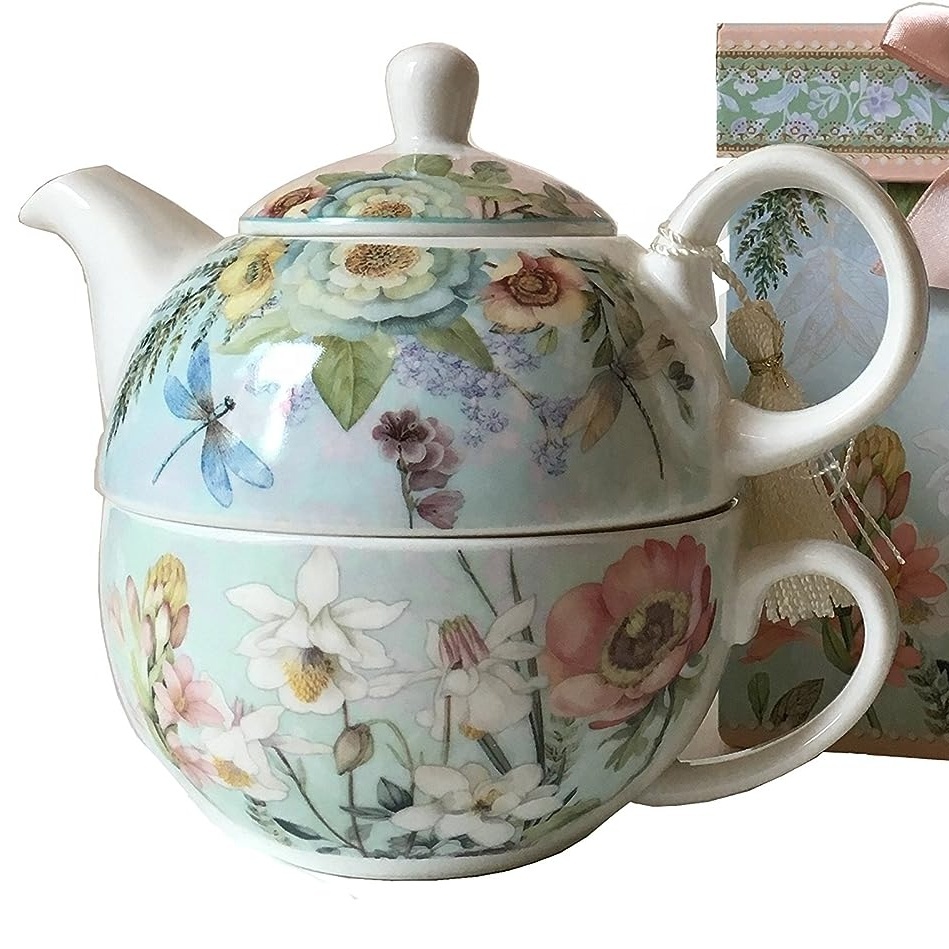 Wholesale Custom Decal Printed Nordic Porcelain Teapot Flower Tea Pot White Ceramic Tea Cup Set for One with Gift Box