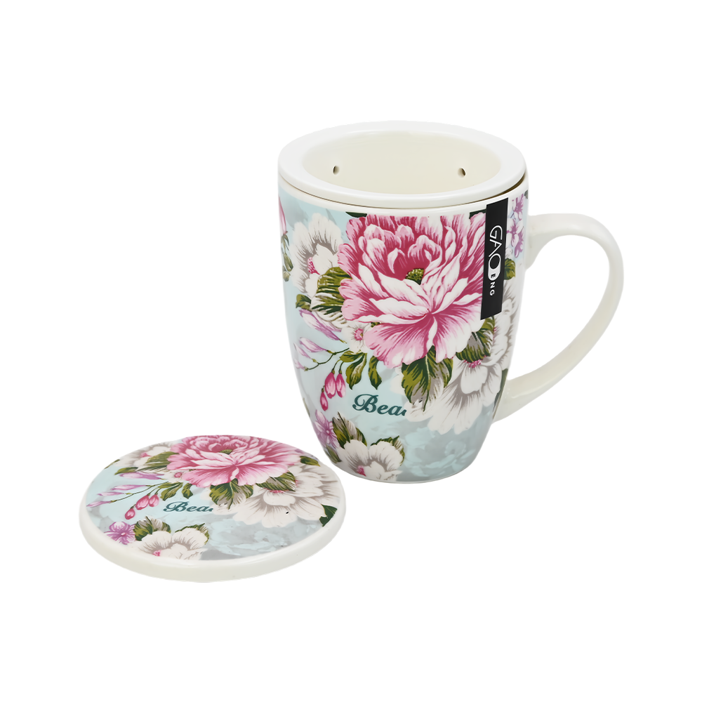 Wholesale Custom Nordic British Flower Decal Ceramic Green Tea Mugs with Lid