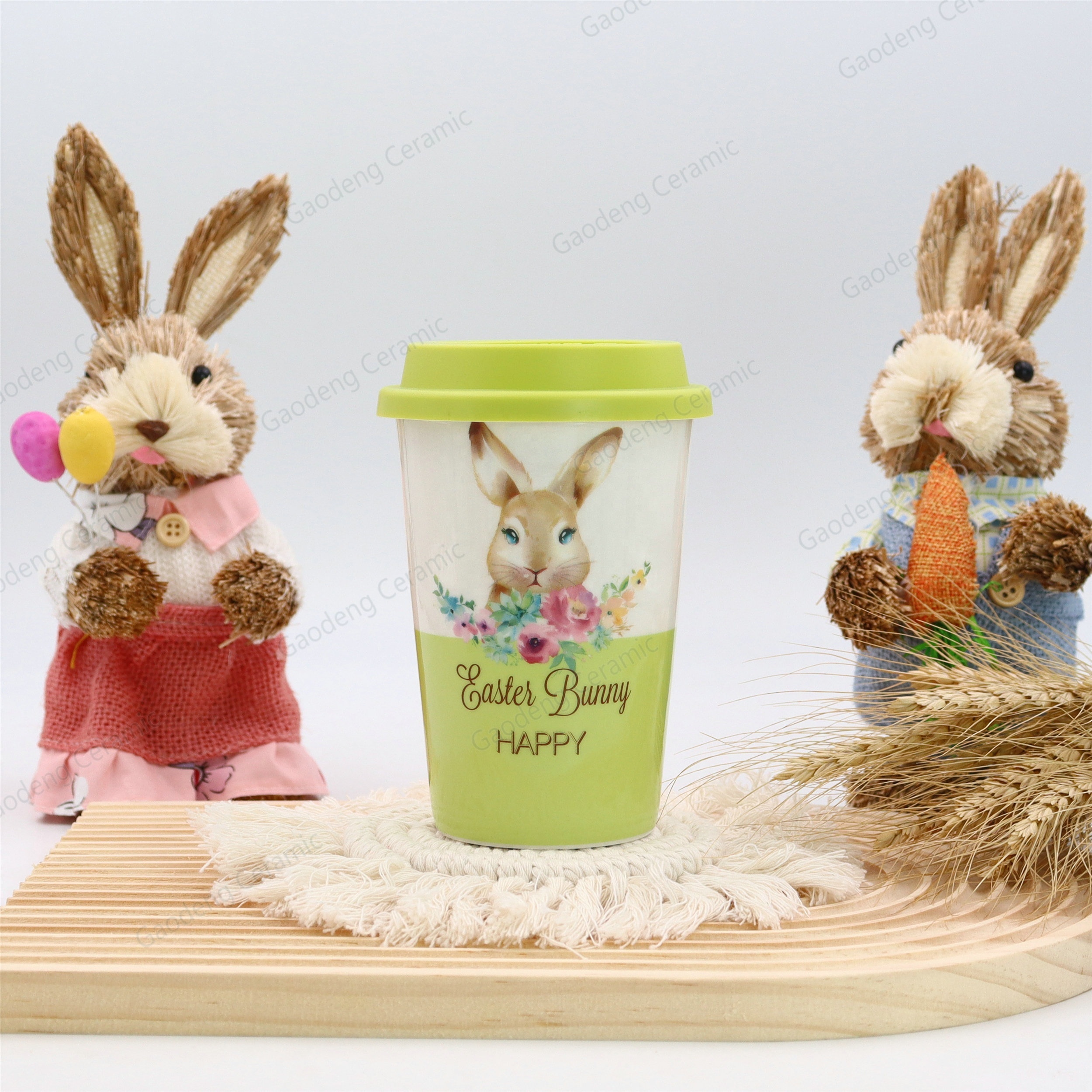 Happy Easter with Rabbits Design Factory Wholesale Customizable Ceramic Tea Mugs with Lid Porcelain Cup Without Handle