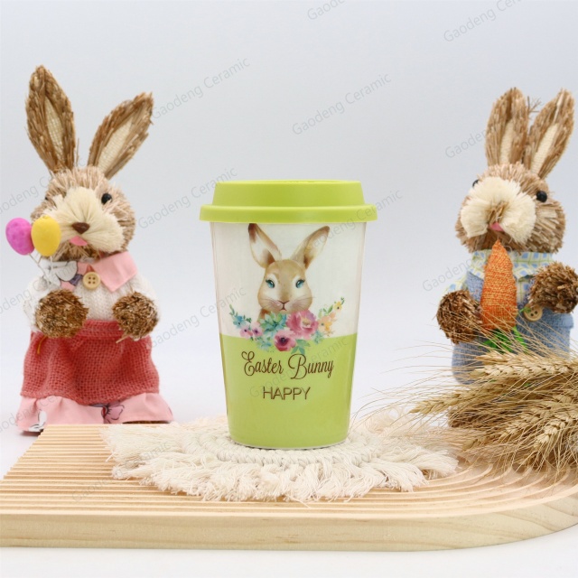 Happy Easter with Rabbits Design Factory Wholesale Customizable Ceramic Tea Mugs with Lid Porcelain Cup Without Handle