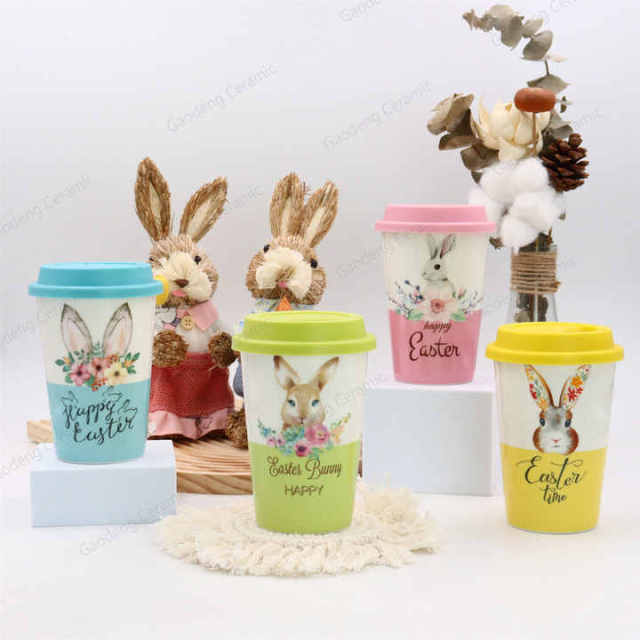 Happy Easter with Rabbits Design Factory Wholesale Customizable Ceramic Tea Mugs with Lid Porcelain Cup Without Handle