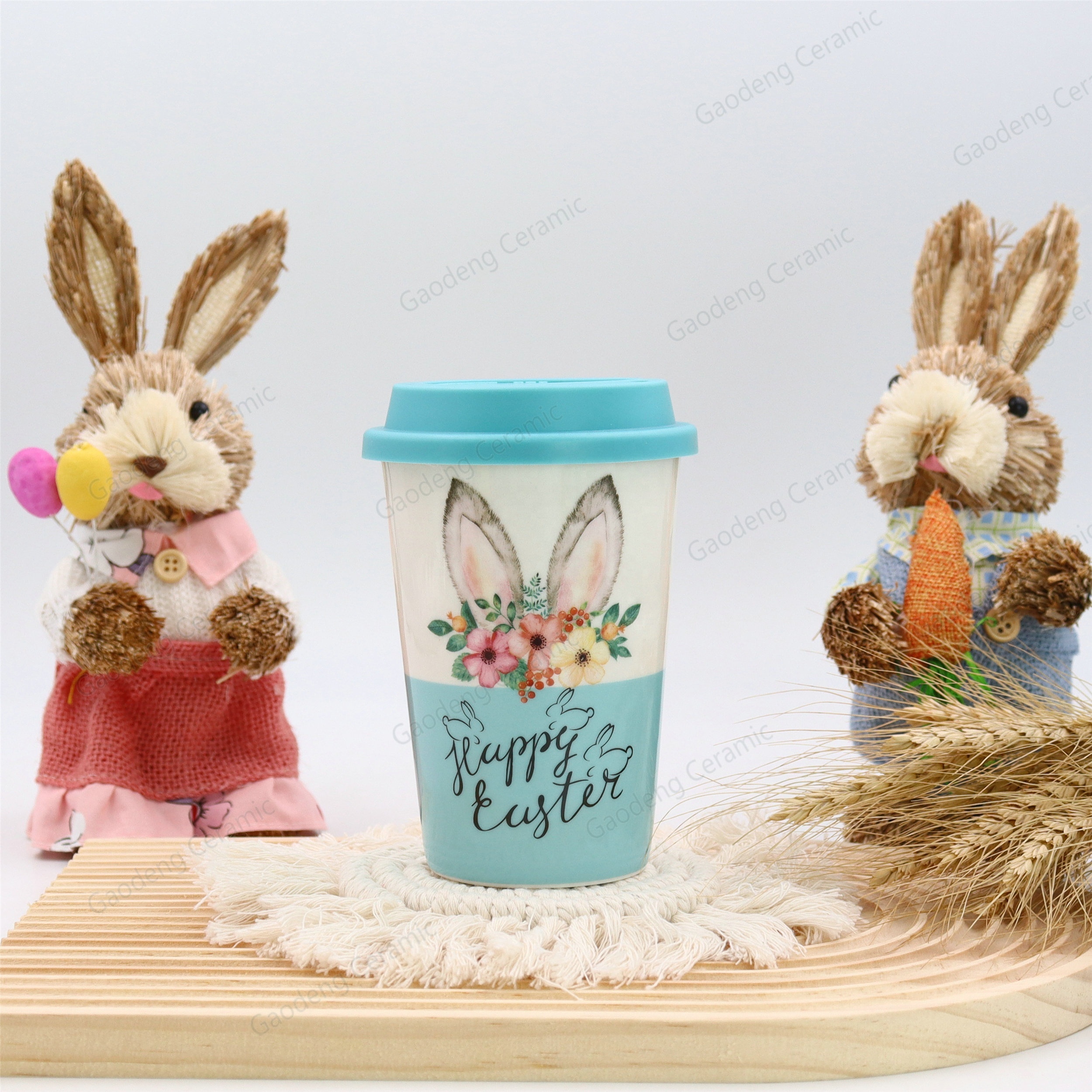 Happy Easter with Rabbits Design Factory Wholesale Customizable Ceramic Tea Mugs with Lid Porcelain Cup Without Handle