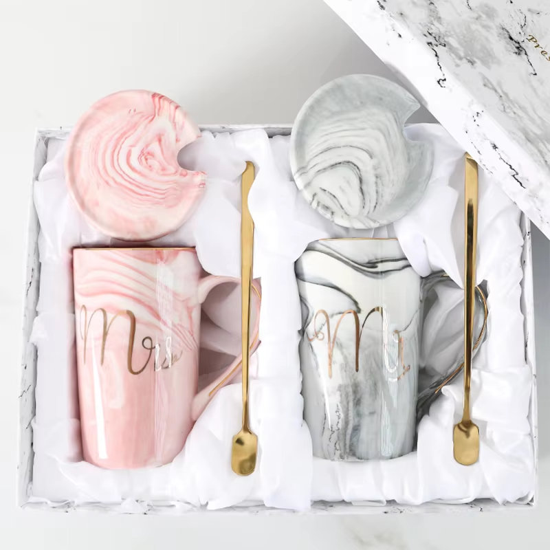 Custom logo European Marble Ceramic Mug Creative Wedding Gifts Mugs for Couple Coffee Mug Set